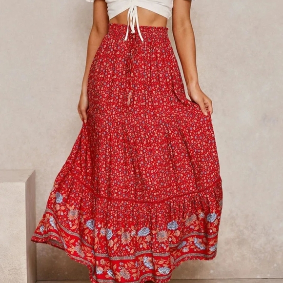 NATURAL LIFE Bohemian Vibrant Red Floral Maxi Skirt - Picture 5 of 8